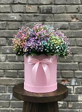 Цветочная композиция из Гипсофила и Розы в шляпной коробке в Поварово