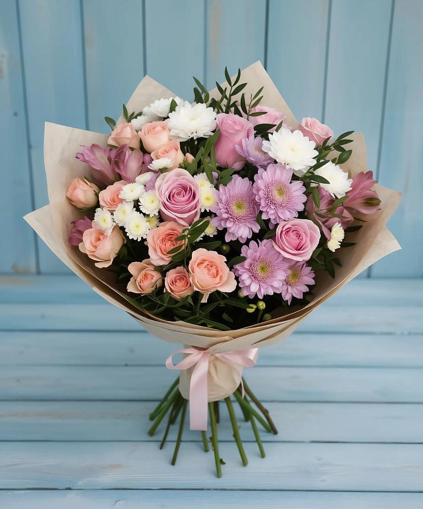 Букет цветов из: Хризантемы, Розы и Альстромерии в Поварово