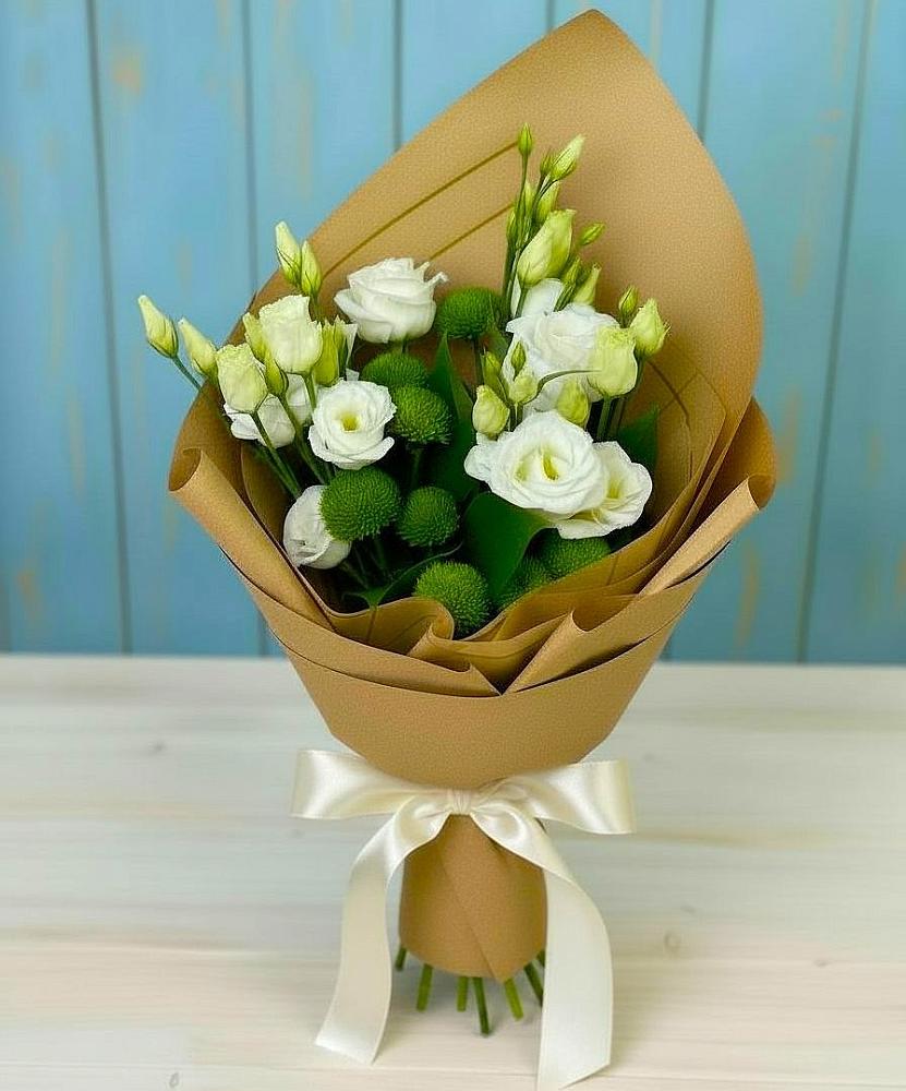 Букет цветов из: Хризантемы и Лизиантусы в Поварово