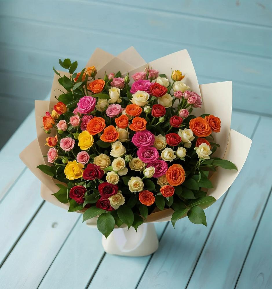 Букет Микс из разноцветных кустовых роз в Поварово