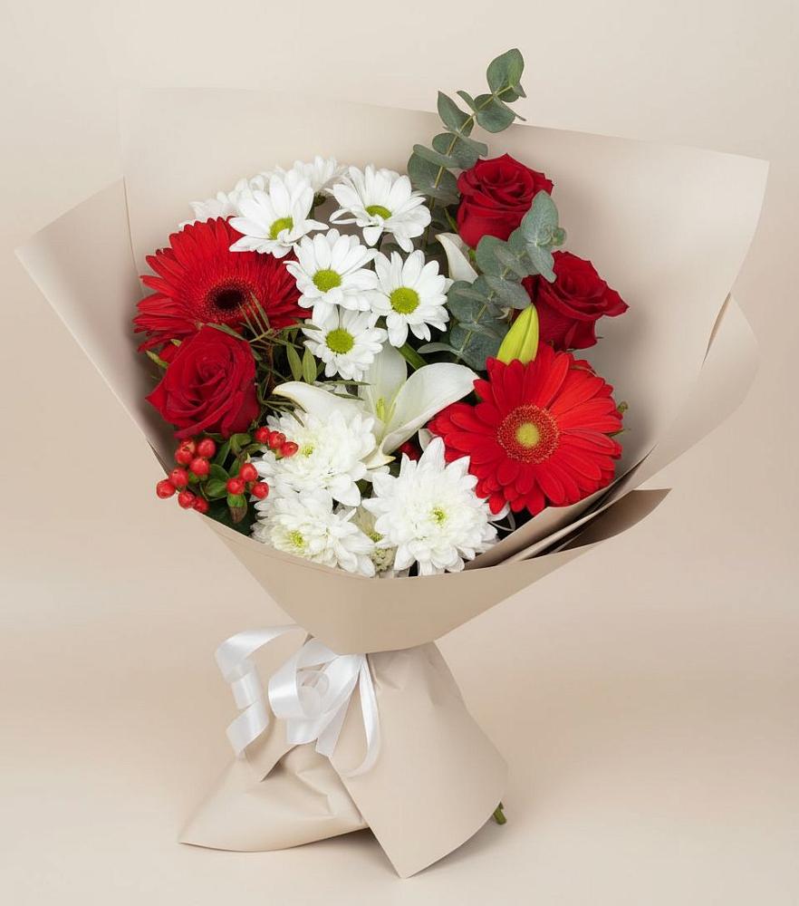 Букет цветов из: Розы, Хризантемы, Герберы и Лилии в Поварово