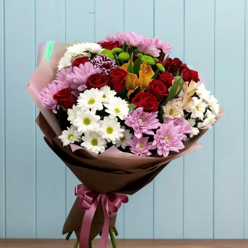 Букет цветов из: Розы, Хризантемы и Альстромерии в Поварово