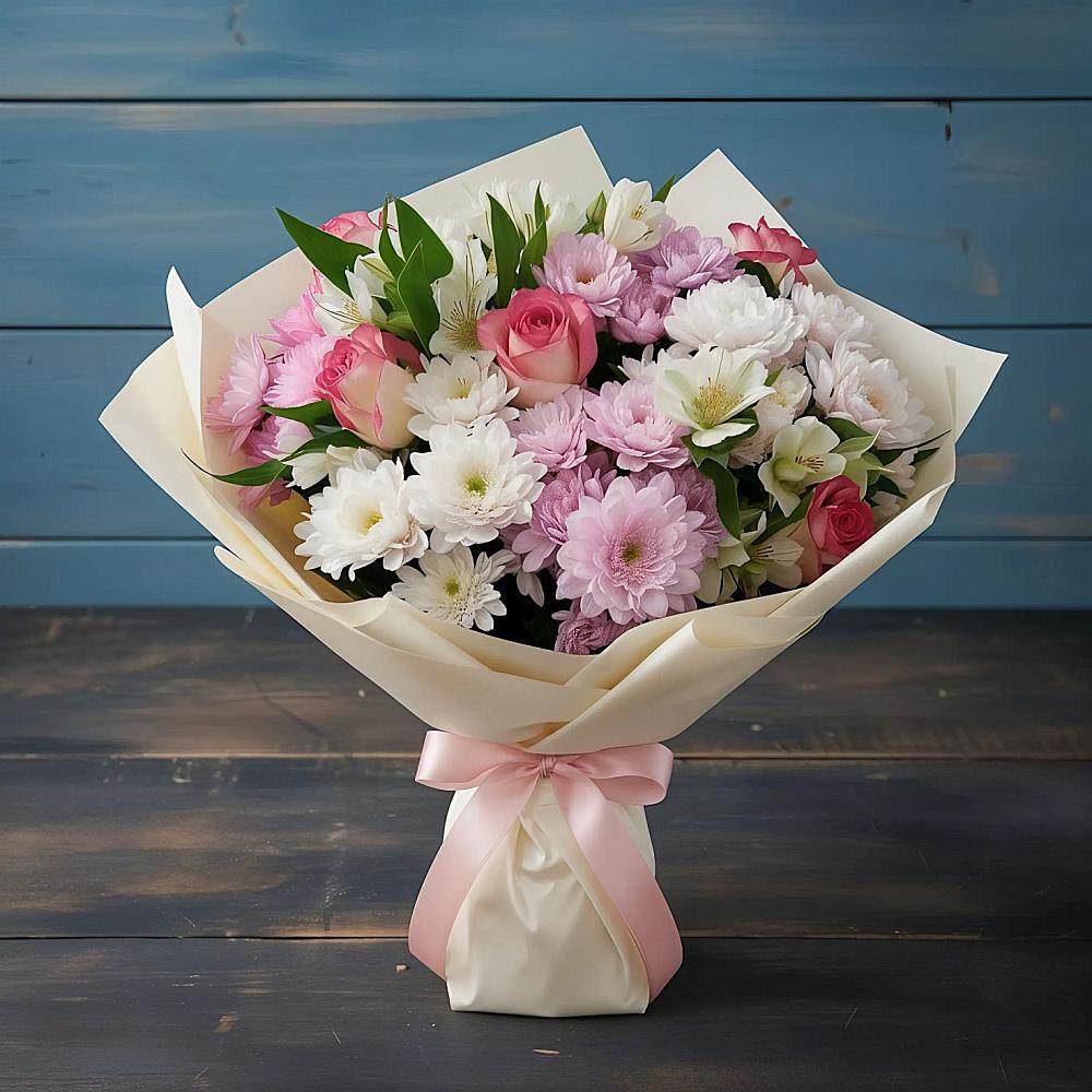 Букет цветов из: Хризантемы, Альстромерии и Розы в Поварово